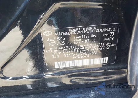 2013 Hyundai Sonata Se 2.0T z USA, uszkodzony, nr VIN 5NPEC4AB3DH767368